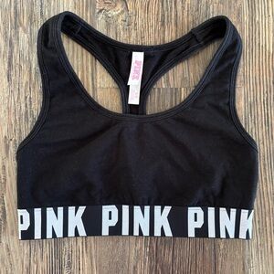 Victoria’s Secret Pink Racerback Sports Bra Size Small Black White Logo Unlined